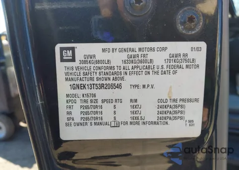 2003 Chevrolet Tahoe Lt z USA, uszkodzony, nr VIN 1GNEK13T53R206546